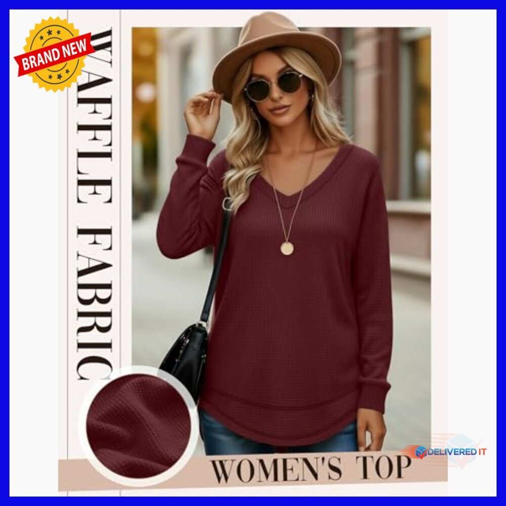 3 Pack Waffle Knit Tunic Tops Long Sleeve V Neck Loose Fit Sweatshirts - Picture 3 of 5